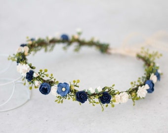 Navy blue flower crown wedding, thin flower hair wreath, dark blue white floral garland, bride boho headband, flower girl halo adjustable