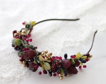 Flower headband with raspberries, forest flower crown, woodland floral crown, rustic flower headband, boho flower crown, flower hairband