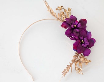 Purple gold flower headband, gold flower crown, side floral hairpiece, bridesmaid headdress fascinator, bridal hair wreath halo