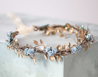 Blue gold flower crown for wedding, thin flower halo, preserved floral crown, dainty flower headband flower girl, dried flower headband