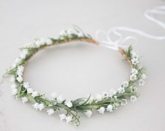 Lily of the valley hair wreath, white flower crown wedding, dainty head piece, wedding floral headband, woodland wedding crown, flower girl