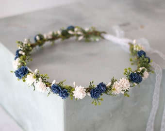 White navy blue flower crown wedding, dainty floral headband bride