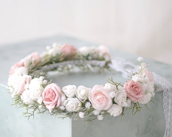 Blush white flower crown wedding, flower girl crown baby's breath & roses, light pink wedding headband