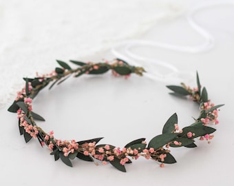 Pink blush dried flower crown, babys breath flower crown wedding, dainty headband, baby's breath headband, preserved eucalyptus wreath