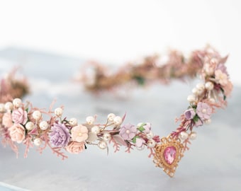 Elven tiara, purple pink flower crown, fairy costume, wedding floral headband, crystal elven circlet, elf headpiece, flower girl halo diadem