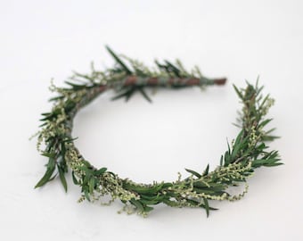 Serre-tête couronne de fleurs vertes, couronne de fleurs séchées mariage, diademe de fleurs stabilisées, couronnes en fleurs préservées