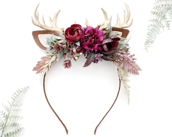 Serre Tête de Cerf, Couronne de Fleurs Faon, Bandeau avec Fleurs, Costume Bois, Serre-Tête Oreilles Renne, Bois de Renne, Cornes de Cerf