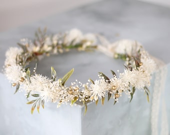 Dried flower crown wedding, baby's breath crown, dainty flower crown bridal shower, gold floral headband, adjustable floral crown