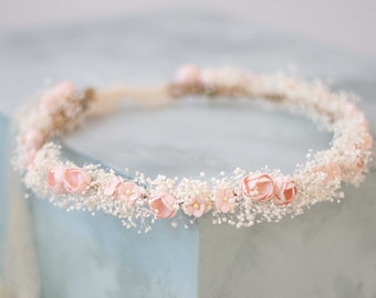 Dried baby's breath floral crown for wedding, thin flower halo, babies breath headband, dainty hair wreath, bridesmaid flower girl headpiece