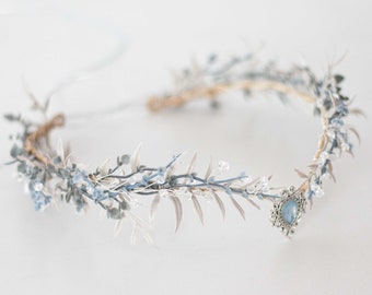 Elven circlet, dusty blue flower crown, dainty headband wedding, fairytale crown, elf headpiece, celtic hairpiece, renaissance faire costume