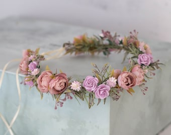 Mauve purple flower crown wedding, lavender hair wreath, boho bride crown, lilac purple floral head wreath, dusty rose flower girl halo