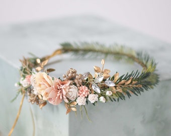 Flower crown for women, rustic hair wreath, peach gold floral headband, wedding photo props, bridesmaids crowns, flower girl halo