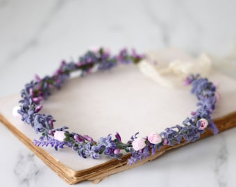 Lavender flower crown for wedding, dainty flower wreath, blush purple flower crown, delicate flower headband