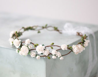 Off white flower crown wedding, dainty flower headband, bride bridesmaid flower girl halo, fine headpiece, first holy communion hair wreath