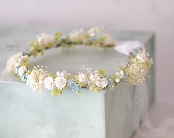 Light blue flower crown for wedding, dusty blue hair crown, dainty bridal wreath, serenity wedding headpiece