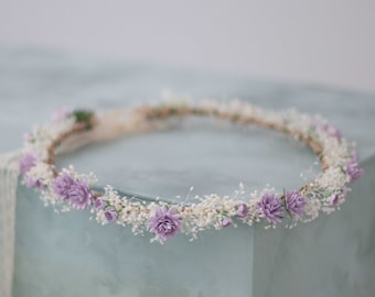 Dried baby's breath hair wreath wedding, purple flower crown, babies breath headband, dainty hair piece, bride bridesmaids flower girl halo