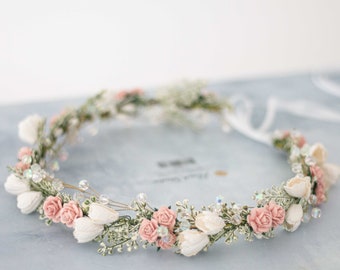 Blush white flower crown wedding, fine hair wreath, dainty hair wreath, dainty flower headband, delicate flower halo for girls bridesmaids