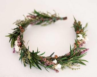 Dried flower crown, lavender floral headband, floral hair wreath, greenery leaf headpiece, bride bridesmaid head band, flower girl halo