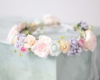 Pastel flower crown wedding, boho hair piece, soft pink blush blue purple hair wreath, bridal rustic crown, bohemian flower girl halo