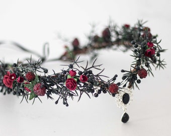 Black burgundy elven crown, woodland diadem, dark floral crown, fairy flower crown, elf tiara, elf headpiece, elvish tiara, elven crown