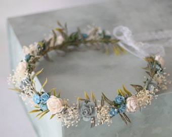Dusty blue flower crown wedding, serenity flower crown bridal shower, dried baby breath headband
