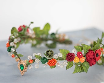 Colorful flower crown, elven circlet, forehead tiara, fae flower crown wedding, fairy costume, bride floral headband, flower girl halo