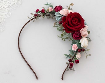 Burgundy blush flower headband, deep red rose flower crown, red floral hairpiece, bridesmaid headdress fascinator, bridal hair wreath halo