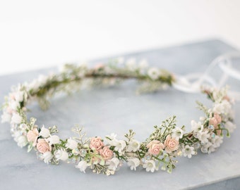 Lily of the valley head wreath, pale pink white flower crown wedding, floral headband, bride headpiece, crystal hair piece, flower girl halo