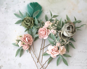 Blush green flower pins, set floral hair pins, pink gray blue flower bobby pins, pale pink hair pin, light pink bridesmaid hair pin