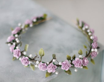 Dainty flower crown, lilac purple flower headband, fairy crown, elven tiara, lavender flower crown, bridal flower headpiece, elvish crown