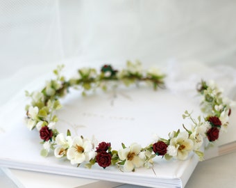 Burgundy white flower crown wedding, babys breath floral wreath for bride or bridesmaids, dainty flower girl halo