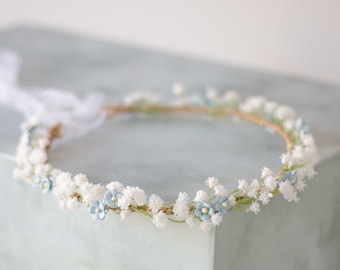 White blue flower crown, babys breath garland, bride bridesmaid flower girl halo adjustable, first holy communion headpiece, babies breath