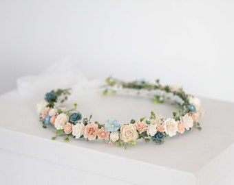 Peach blue flower crown wedding, dainty flower head band, bohemian bride bridesmaid headpiece, flower girl halo adjustable