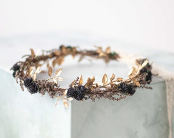 Black gold flower crown for wedding, thin flower halo, dainty flower headband flower girl bridesmaid bride, dried flower headband