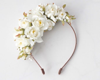 Ivory flower headband, pearl flower crown, ivory rose flower headband, off white headdress, bride bridesmaid flower girl halo adjustable