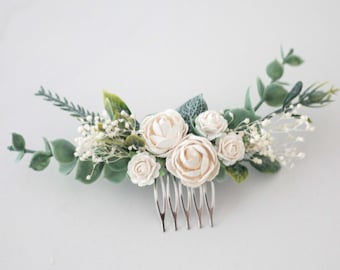 Flower hair comb wedding, off white flower hair comb, eucalyptus bridal comb, baby's breath flower comb, rustic floral hair comb