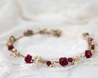 Dried baby's breath floral crown for wedding, burgundy flower halo, preserved floral crown, baby breath headband, dainty flower headband