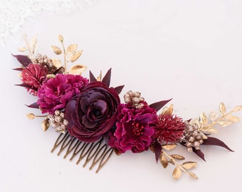 Flower hair comb for wedding, burgundy bridal comb, burgundy flower hair comb, rustic floral headpiece, bride floral hair clip