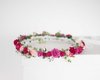 Hot pink flower crown wedding, fuchsia flower hair wreath, dainty floral head band, bride bridesmaid hairpiece, flower girl halo adjustable