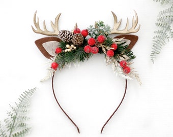 Antler headband, reindeer headband, winter flower crown, deer antler headband, christmas floral headband, ugly christmas sweater headband