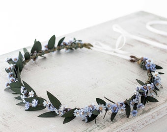 Pale blue dried flower crown, dusty blue hair wreath wedding, dainty flower crown, fine floral headband, preserved eucalyptus floral crown