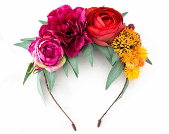 Frida Kahlo flower headband, colorful flower crown, large flower headpiece, tropical flower crown