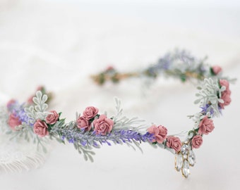 Lavender flower crown, elven diadem with crystal, woodland wedding circlet, elf tiara, witchy gift, elven costum, medieval renaissance halo