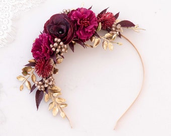 Burgundy gold purple flower headband, dark flower crown, gothic floral hairpiece, bridesmaid headdress fascinator, bridal hair wreath halo