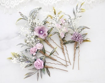 Soft purple flower hair pins, set dried floral hair pins, ivory lavender bobby pins wedding, bridal hair pin, bridesmaid hair pin