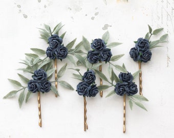 Navy blue flower hair pins, floral hair clip, wedding flower hair piece, bridal floral hairpin, dark blue hairpiece, flower hair comb