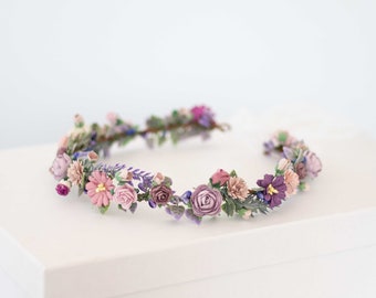 Lavender purple flower crown wedding, dainty flower headband, bohemian bride bridesmaid headpiece, boho flower girl halo adjustable