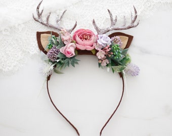 Purple pink deer antler headband, deer antler flower crown, christmas reindeer antlers, moose antler hairband, winter photo props