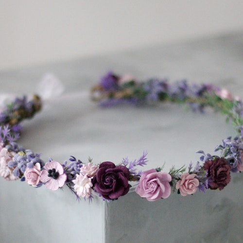 Purple Flower Crown Wedding Lavender Fairy Crown Lavender Etsy