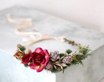 Winter hair wreath, burgundy flower crown, forest floral headband, christmas hair accessories, pine cone hair crown, winer wedding headpiece